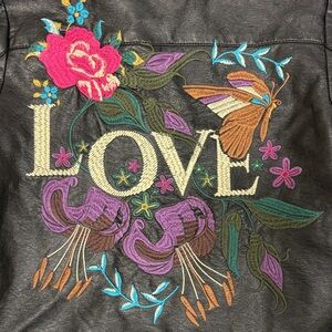 Hannah Banana Black pleather Jacket with Colorful Embroidery girls size 8